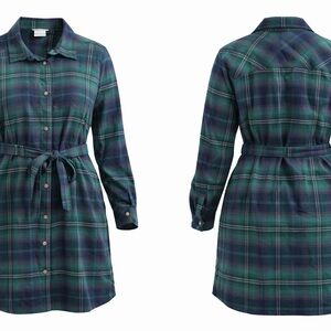 Columbia Women’s 2X Plaid Flannel Shirt Dress Green Blue Button Front Belted